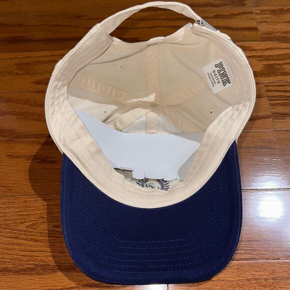 NEW PINK Victorias Secret Two Tone Cream Navy Embroidered Logo Baseball Cap OS - Picture 5 of 9